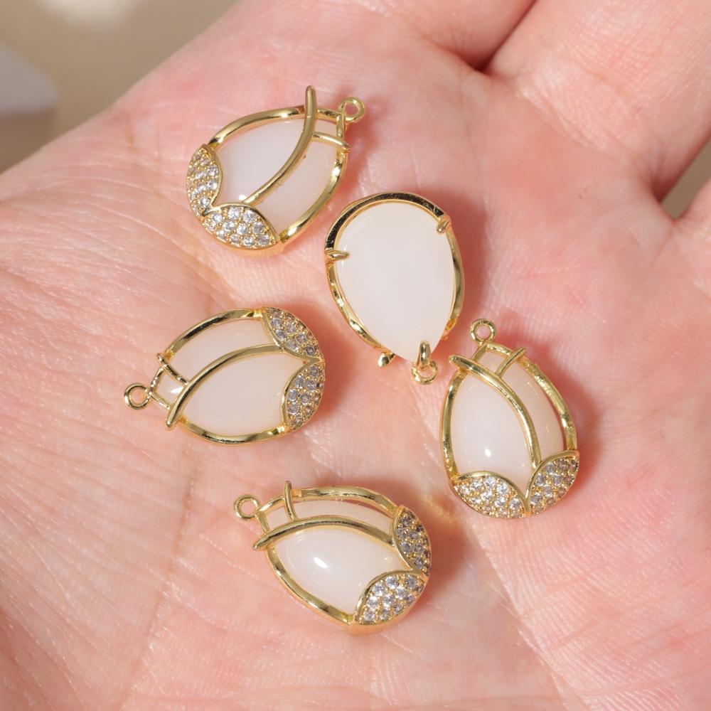 Copper Tulip Flower Charms with Green & Clear Zirconia, Golden Plated, 2pcs for DIY Jewelry Making