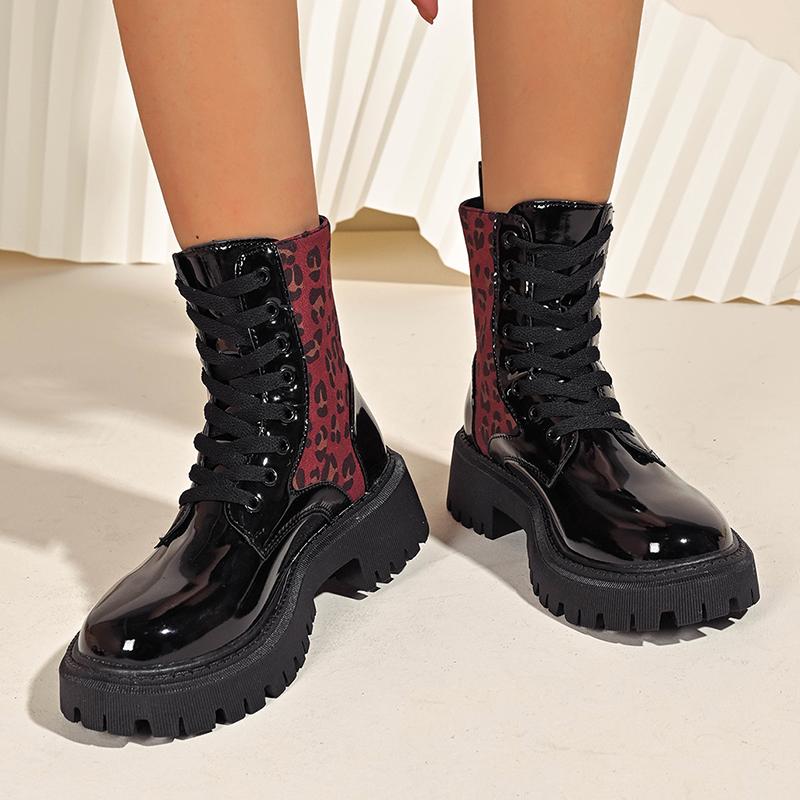 Модные красные ботильоны с леопардовым принтом, женские лакированные кожаные мотоциклетные ботинки со шнуровкой, женские ботильоны на платформе в стиле пэчворк, Mujer 43