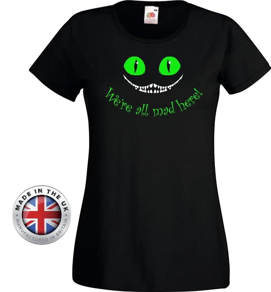 Cheshire Cat Were All Mad Here Black T Shirt Unisex Or Unisexs Tee