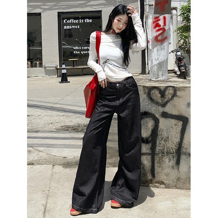 Американские джинсы High Street Wide Leg для женщин 2024 года, новые свободные стройнящие прямые брюки до пола с высокой талией