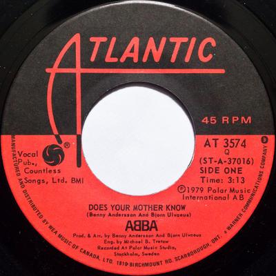 7-дюймовая пластинка ABBA - Does Your Mother Know / Kisses Of F AT3574 Atlantic 1979 Канада Соул/Фанк Б/у