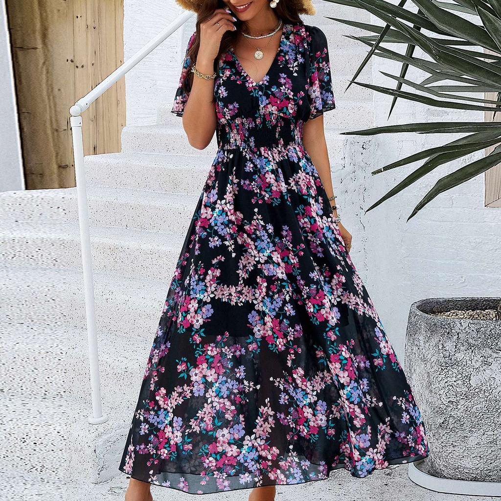 Длинные струящиеся платья Omen's Bohemian с V-образным вырезом и короткими рукавами, приталенные летние платья с цветочным принтом