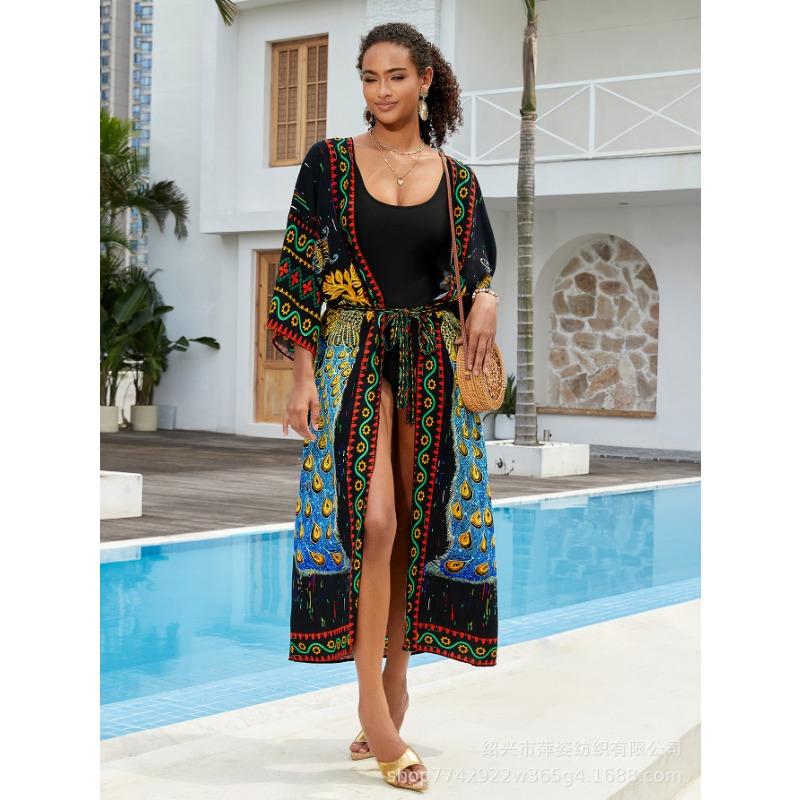 Плюс Размер Женский Пляжный Принт Кардиган Бикини Солнцезащитный Купальник С Накидкой