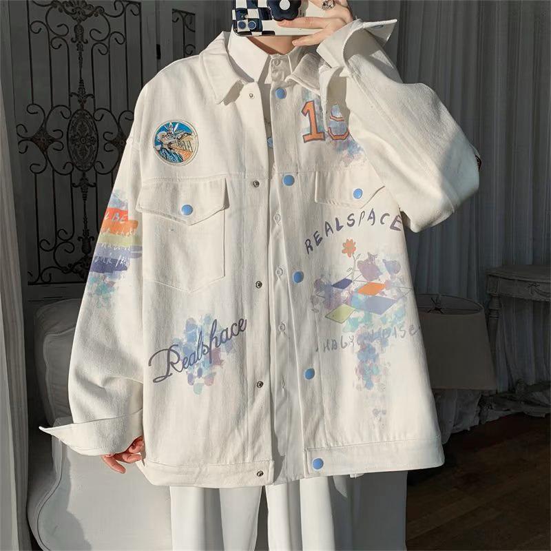 Men's Colorful Graffiti Denim Jacket - 2023 Spring & Autumn Collection, Unique Lapel Design, Loose Fit