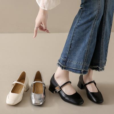 Французские женские туфли Мэри Джейн из мягкой кожи на грубом каблуке для позднего вечера, маленькие кожаные туфли, универсальные туфли на высоком каблуке, одинарные туфли на среднем каблуке