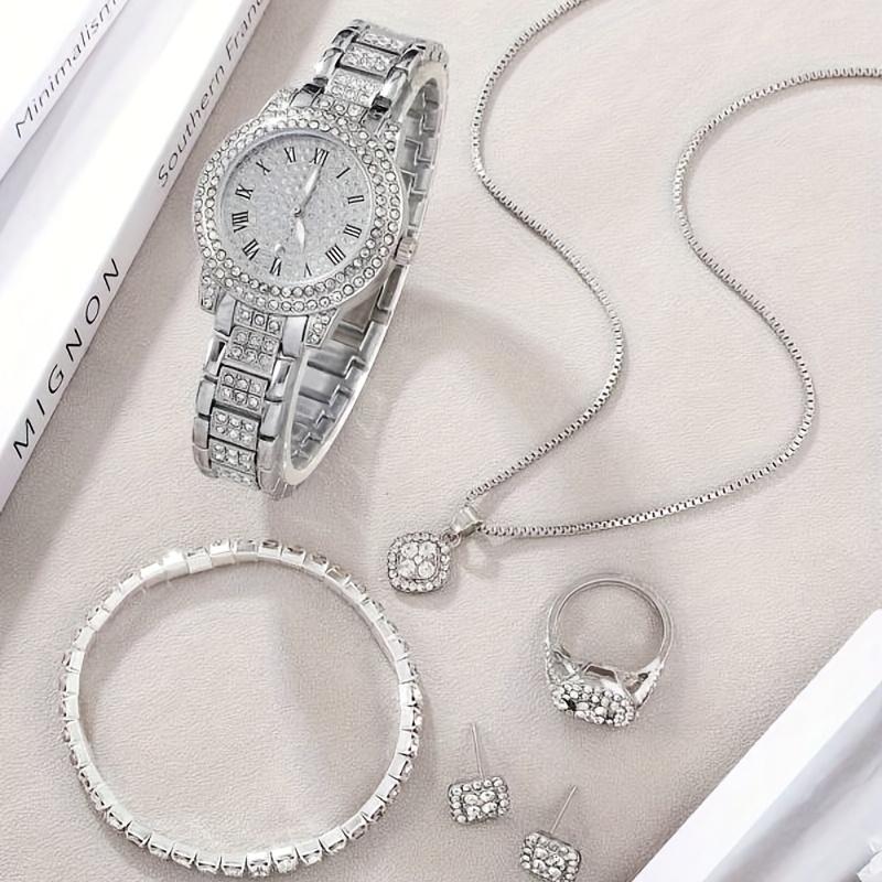 6 Pcs/Set Women's Watches, Luxury Rhinestone Quartz Watch, Roman Fashion Analog Watch and Jewelry Set, Gift for Mom and Her