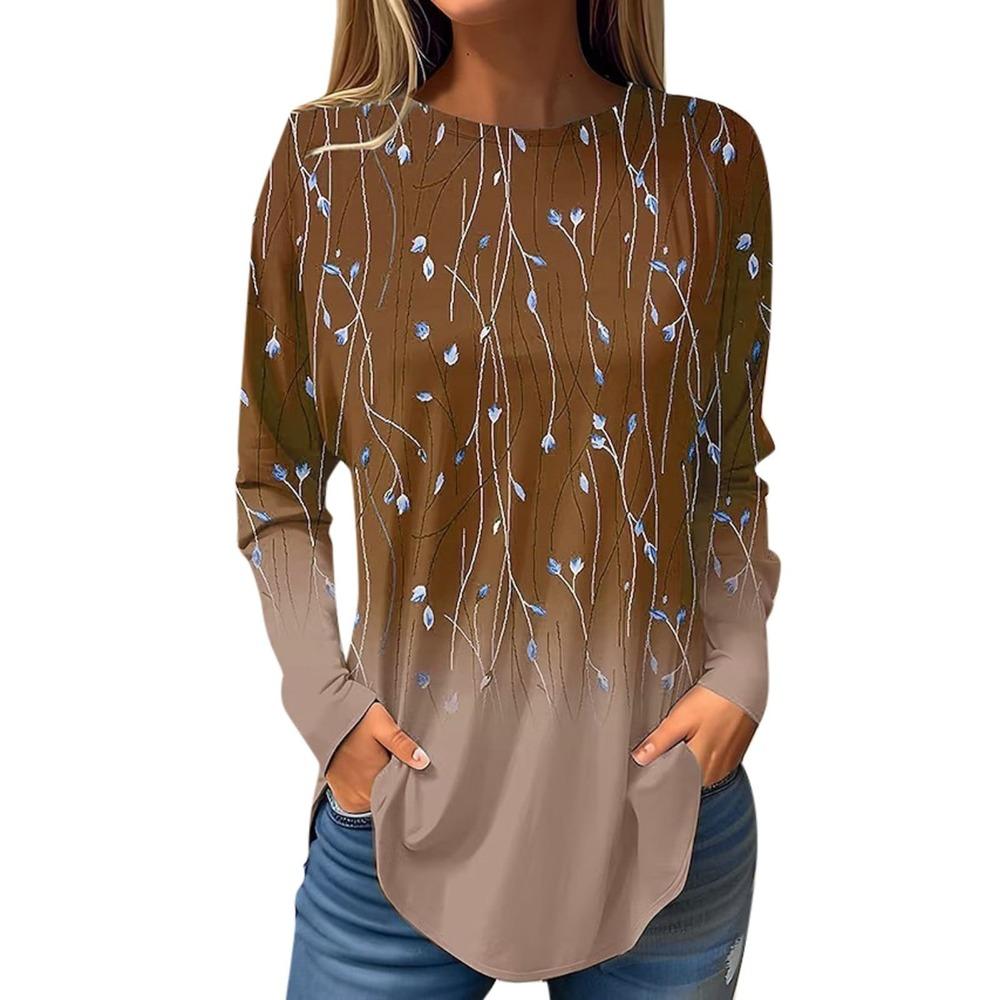 Fashion Women's Long Sleeve T-shirt Round Neck Pullover Casual Plant Willow Branch Pattern  3d Printed Gradient Printed T-shirt
