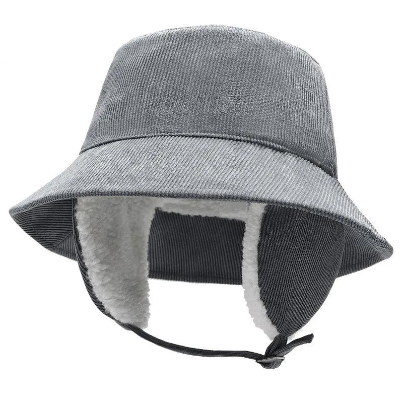 WTEMPO Men's Ear Protection Winter Fishing Outdoor Cold-proof Plush Hats Solid Color Thick Fleece Inner Bucket Hats with Windproof Rope