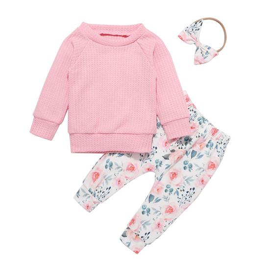 3 шт./компл. Детский костюм из топа и брюк с бантом, повязкой на голову, цветочным принтом, круглым вырезом, длинными рукавами, эластичным поясом и брюками, наряд для различных случаев