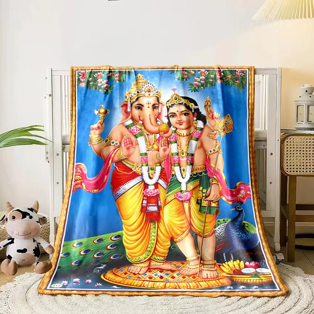 Colorful Hindu Deities with PeacockFlannel blanket for bedroom, living room, sofa, and nap