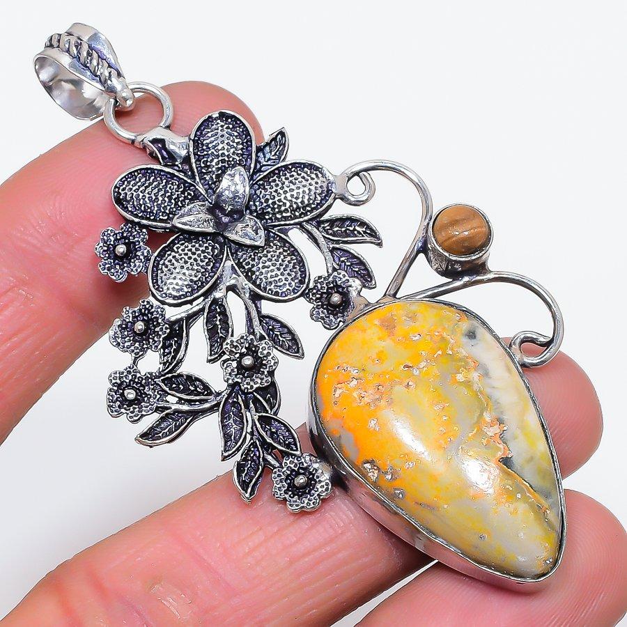 Natural Bumble Bee Jasper, Tiger Eye 925 Sterling Silver Pendant 3.15" V4v29