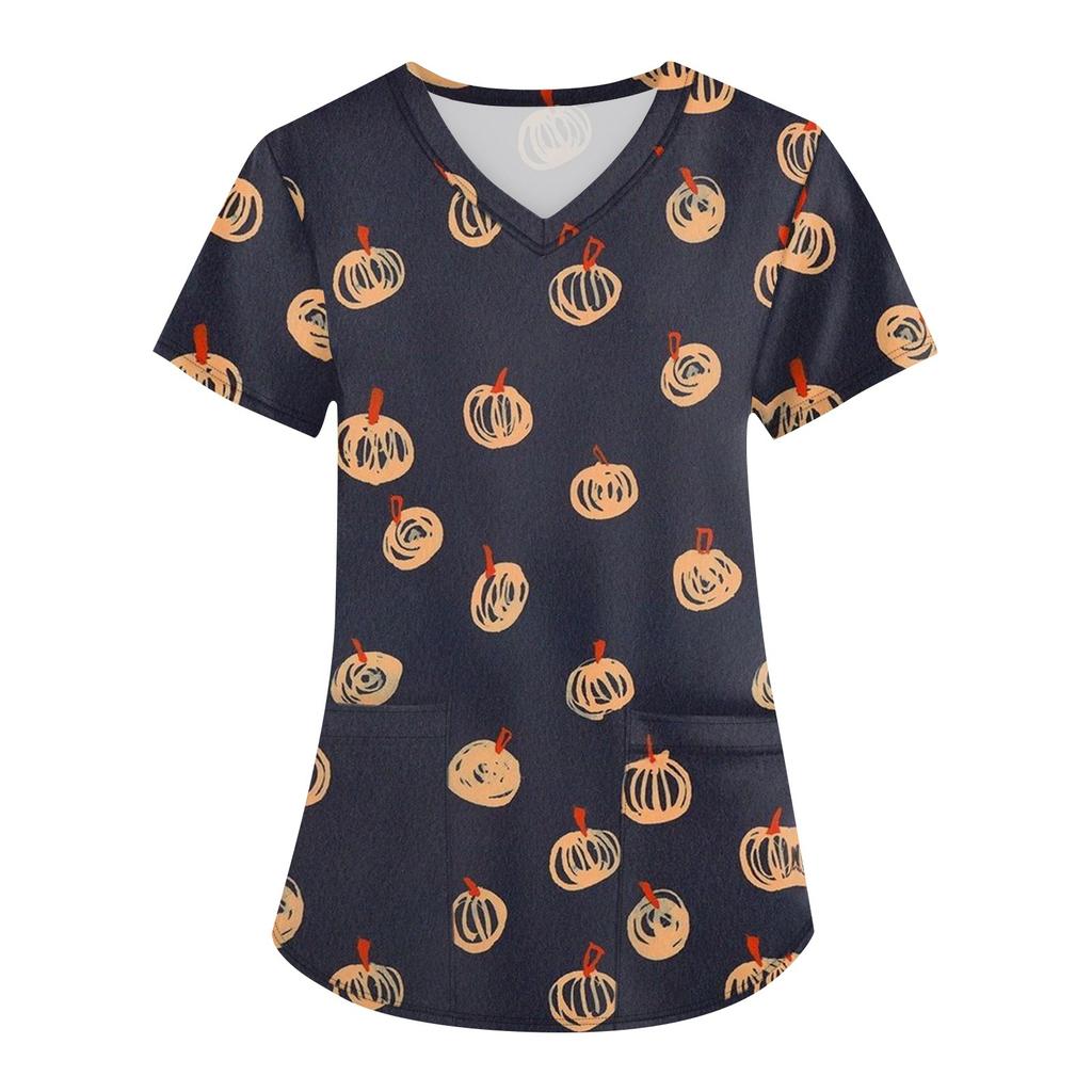 Плюс размер Печатный скраб Рабочая форма Топы для женщин Крест V-образным вырезом Хэллоуин Принт с короткими рукавами Забавные футболки Спецодежда Футболка с карманами