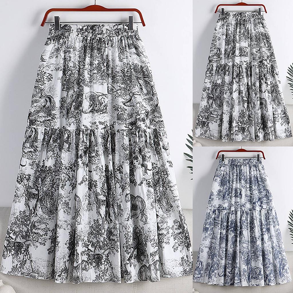 Women's Skirts Spring And Summer Waisted Ancient Style Ink Painting Printed Cotton Skirt Mid Length A Metallic Skirts