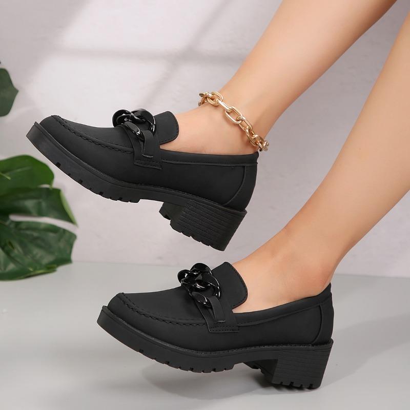 Fashion Metal Buckle Block Heel Single Shoes Autumn New Round Toe Deep Mouth Platform Sole Non-slip Wear-resistant Single Shoes