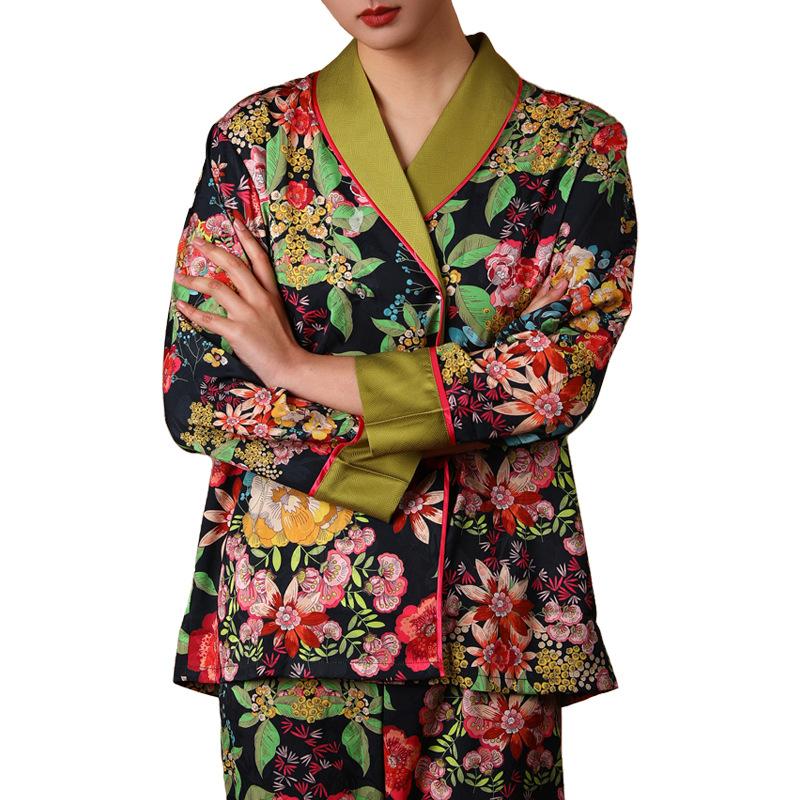 Пижамы для женщин, наряды с V-образным вырезом и цветочным принтом, одежда для сна из сатина, домашняя одежда, свободная ночная рубашка, костюм из 2 предметов, пижама