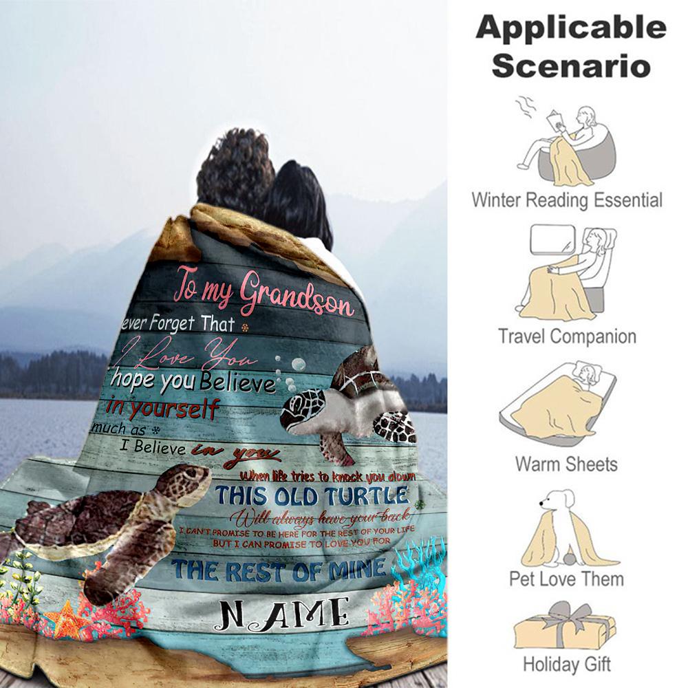 Turtle Grandson Customize Your Name Blanket Cozy Customizable Blanket Warmthful Decor for Seaside Livingroom Nap Couch for All Occasions