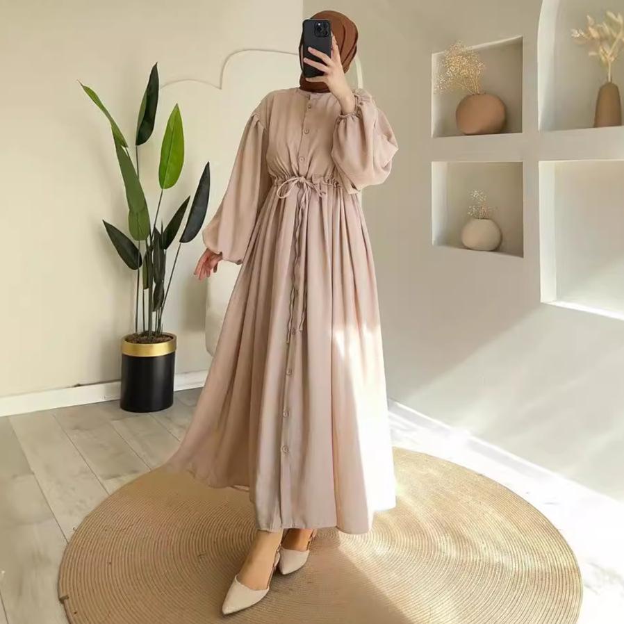 2024 Осень Женское платье в стиле Хепберн А-силуэта, длинное, с поясом и круглым вырезом