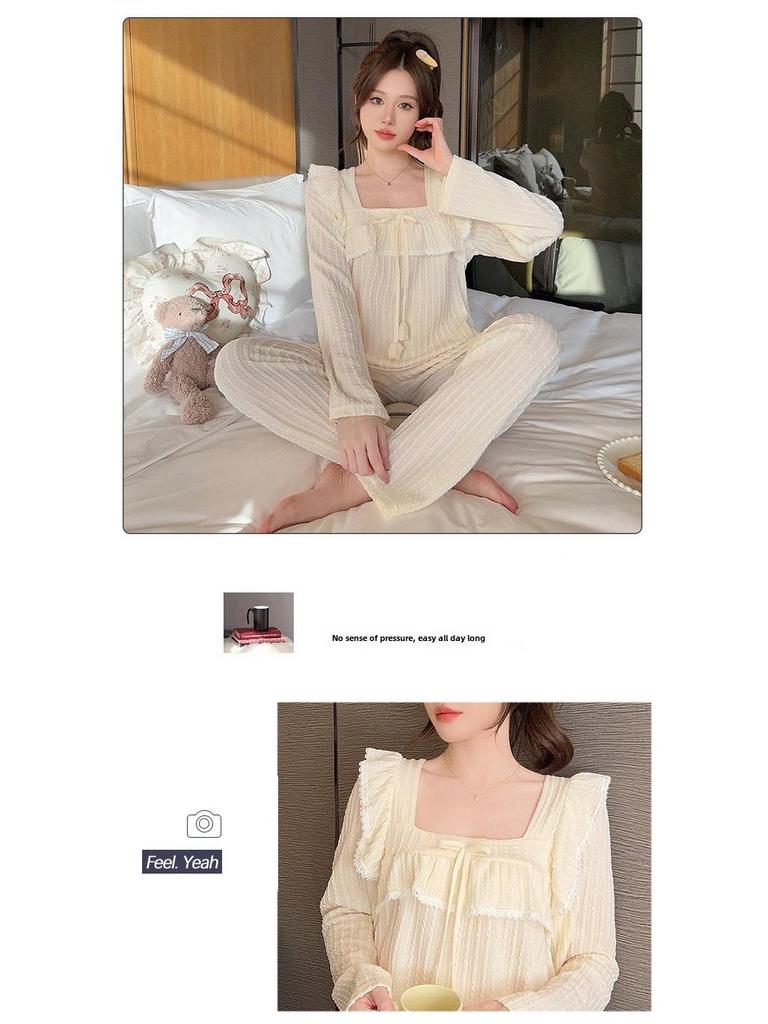 Милый женский пижамный комплект на весну и осень - хлопок 65/35, стиль INS Princess, длинные рукава и брюки, можно носить на открытом воздухе, легкая домашняя одежда.