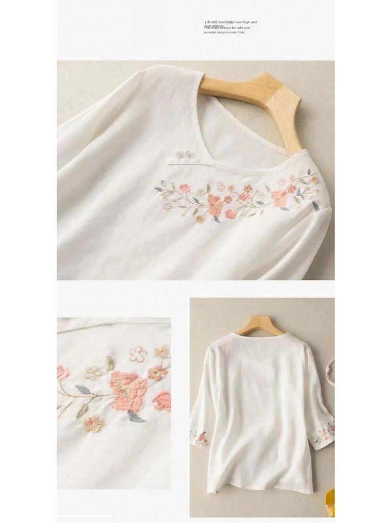 Осень 2024 г. Женская вышитая футболка из хлопка и льна: Свободный крой, прикрывающий живот, узкий круглый вырез, рукава три четверти.