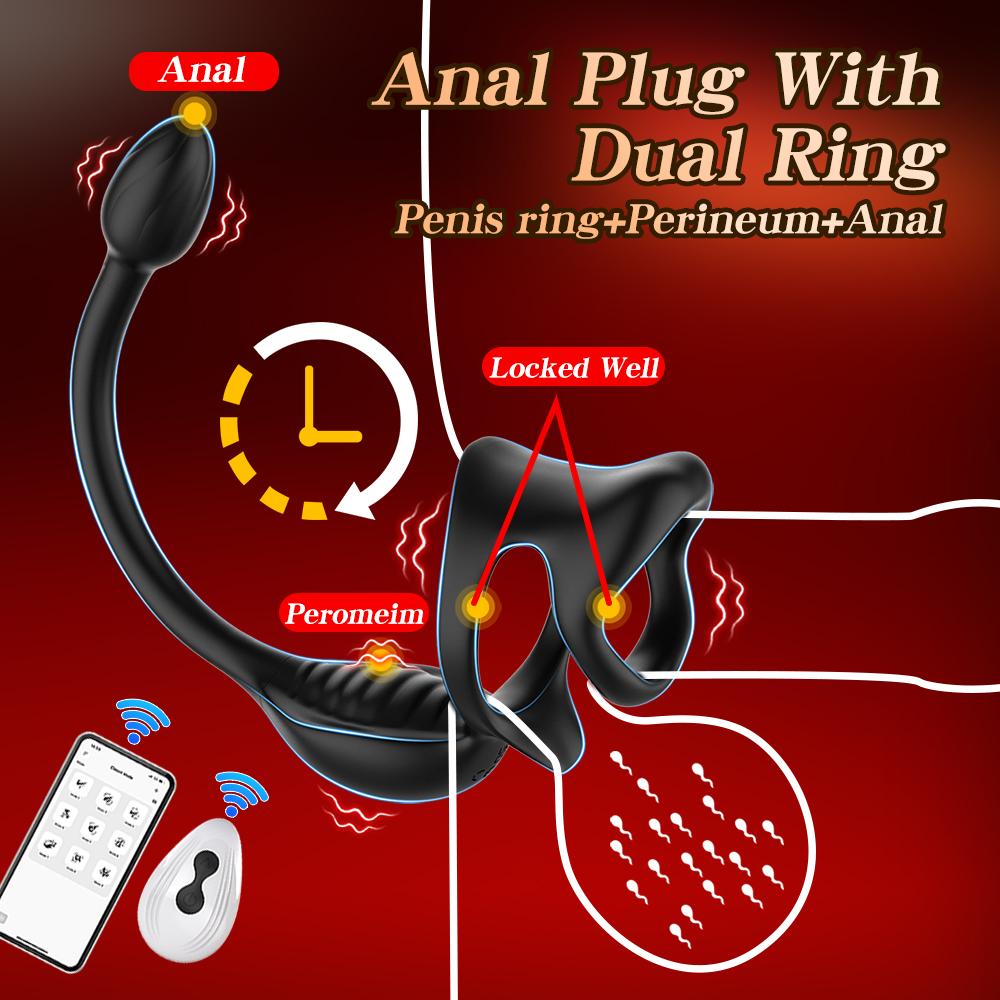 Кольцо на пенис Кольцо на член 3 в 1 Вибрирующий массажер простаты Анальная пробка Задержка эякуляции Стимулятор точки G Пульт управления Приложение Мужские секс-игрушки 18+