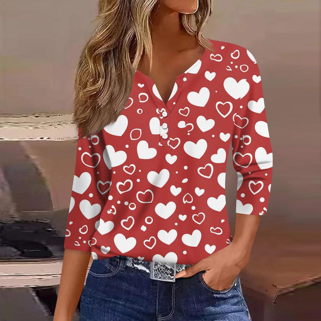 Женская модная рубашка на пуговицах с V-образным вырезом, рукавом три четверти, с принтом ко Дню святого Валентина