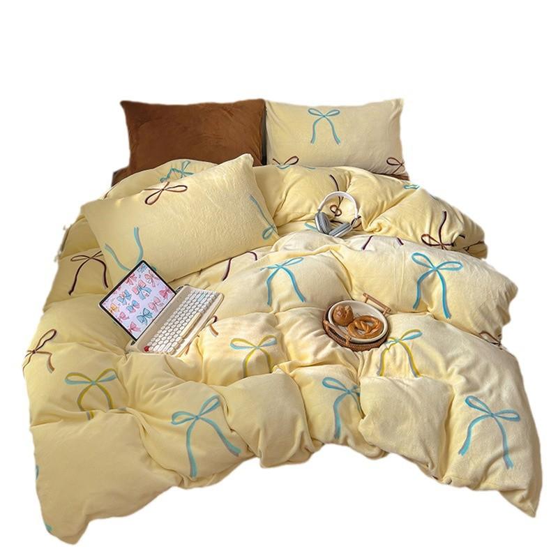 Bow milk fleece four-piece set Thickened warm quilt cover Coral fleece bed hat Student dormitory bed sheet three-piece set