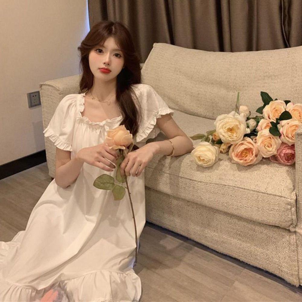 Bowknot Women's Pajama Dress Short Sleeve Princess Nightgown High Waist Ruffle Nightdress Girls