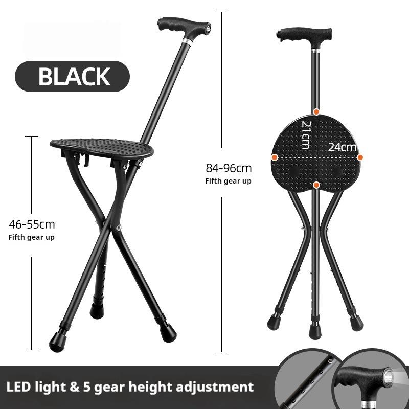 Portable Folding Cane with Seat, LED Light Cane Stool Handy Crutch Chair Seat 3 Legs Height Adjustable Thick Aluminum Walking Stick for Elderly