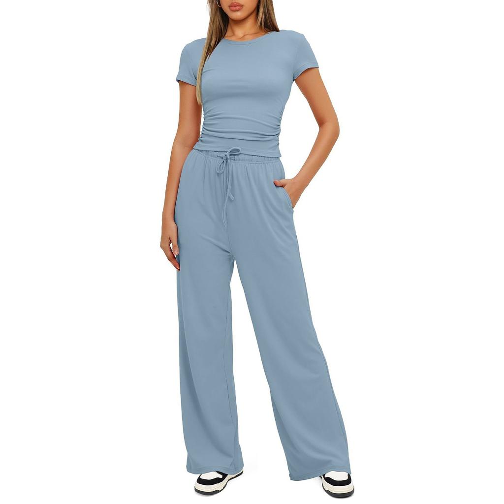 Women 2 Piece Outfits Sets Summer Short Sleeve Ruched Tops And Wide Leg Pants Tracksuit Matching Outfits