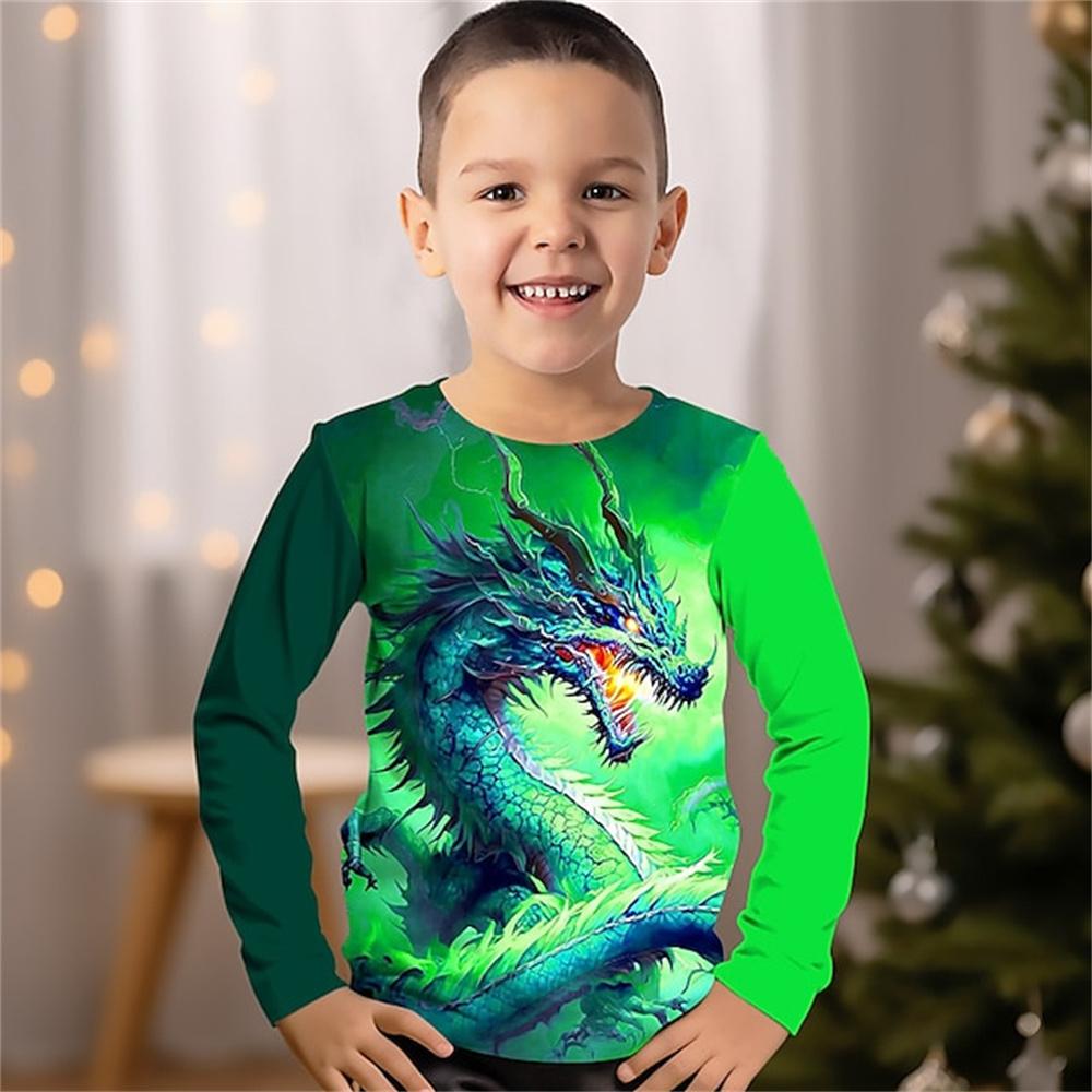 Children's Cool Animal Dragon Series 3D Digital Printed Boys Hip Hop Personality Round Neck Long Sleeved T-shirt