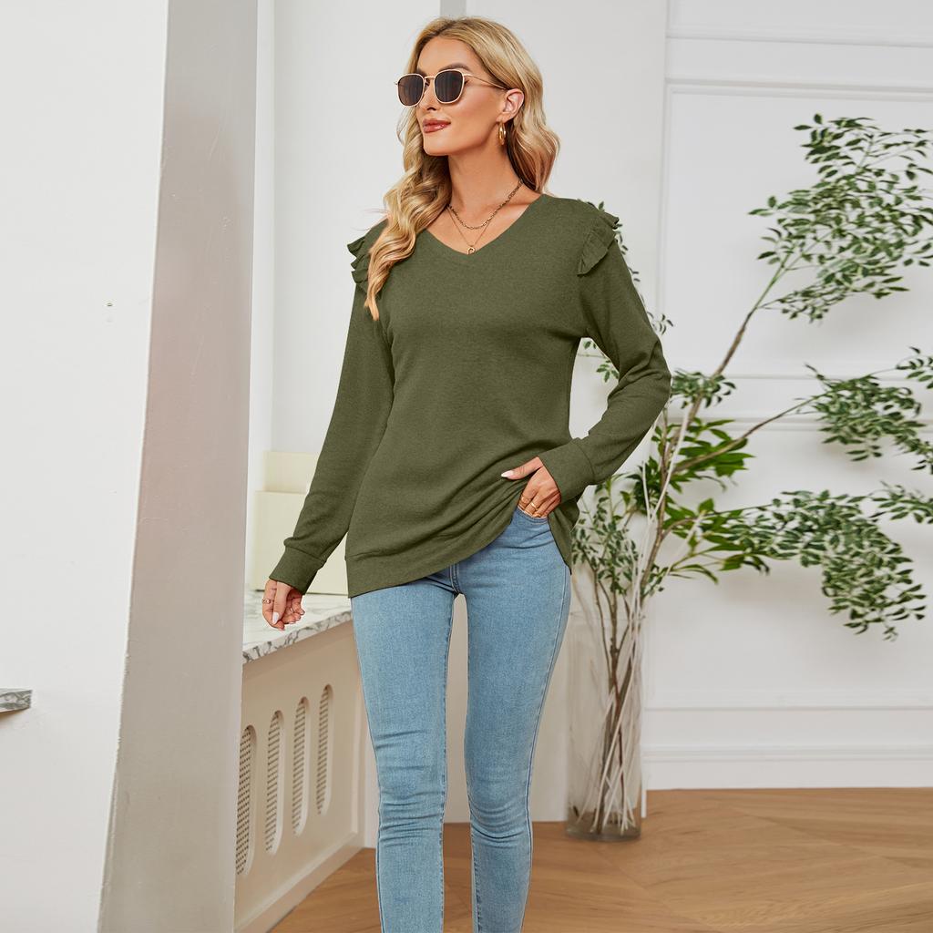 GMXIA Женские модные повседневные осенне-зимние однотонные блузки и рубашки с длинным рукавом и v-образным вырезом с принтом