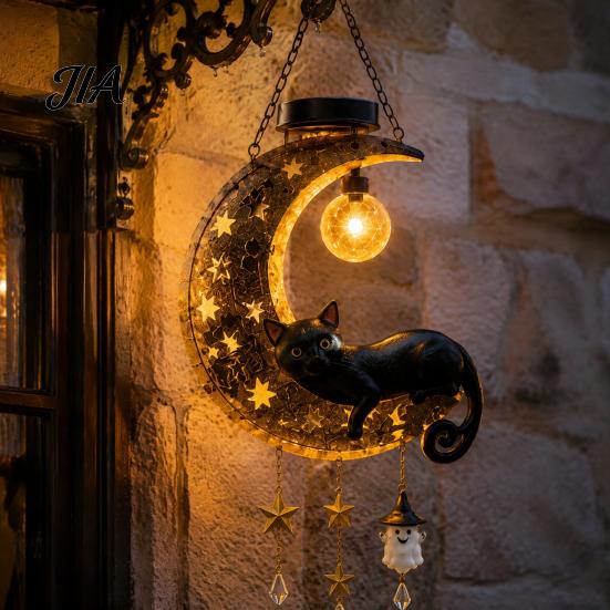 Whimsical Cat Sculpture for Garden Solar Halloween Hanging Moon Lamp with Ghost Star Charm, Black on Crescent Illuminated Outdoor Decor Home