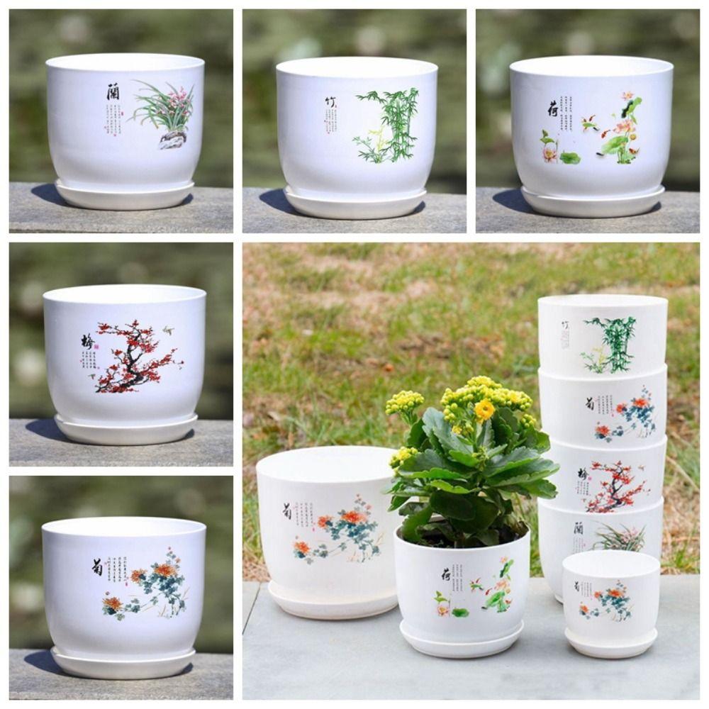 Белый пластиковый цветочный горшок с поддоном, имитация фарфора, цветочный горшок из полипропиленовой смолы, садоводство
