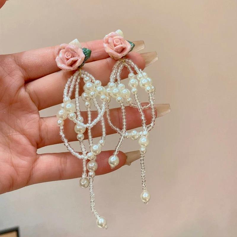 Ins Wind Exquisite Long Drop Earrings Sweet Rose Flower Bead Tassel Minimalist All-Match Light Luxury Ladies Daily Ear Ornaments