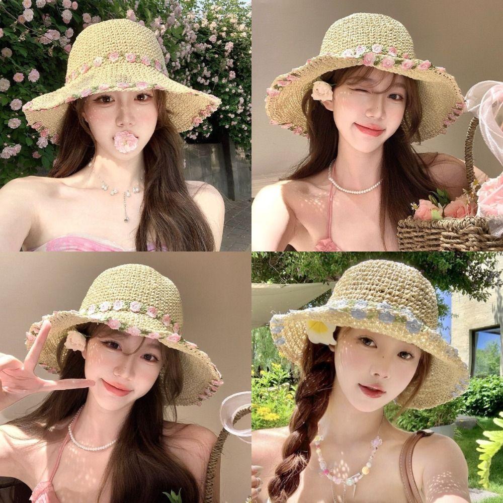Однотонная женская шляпа-ведро с козырьком, широкополая пляжная шляпа, модная соломенная шляпа с цветком, для морского отдыха