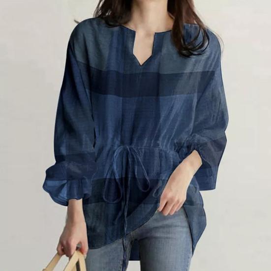 V-образный вырез с рюшами Манжеты на талии Шнуровка в клетку с принтом Повседневная блузка Простой повседневный стиль