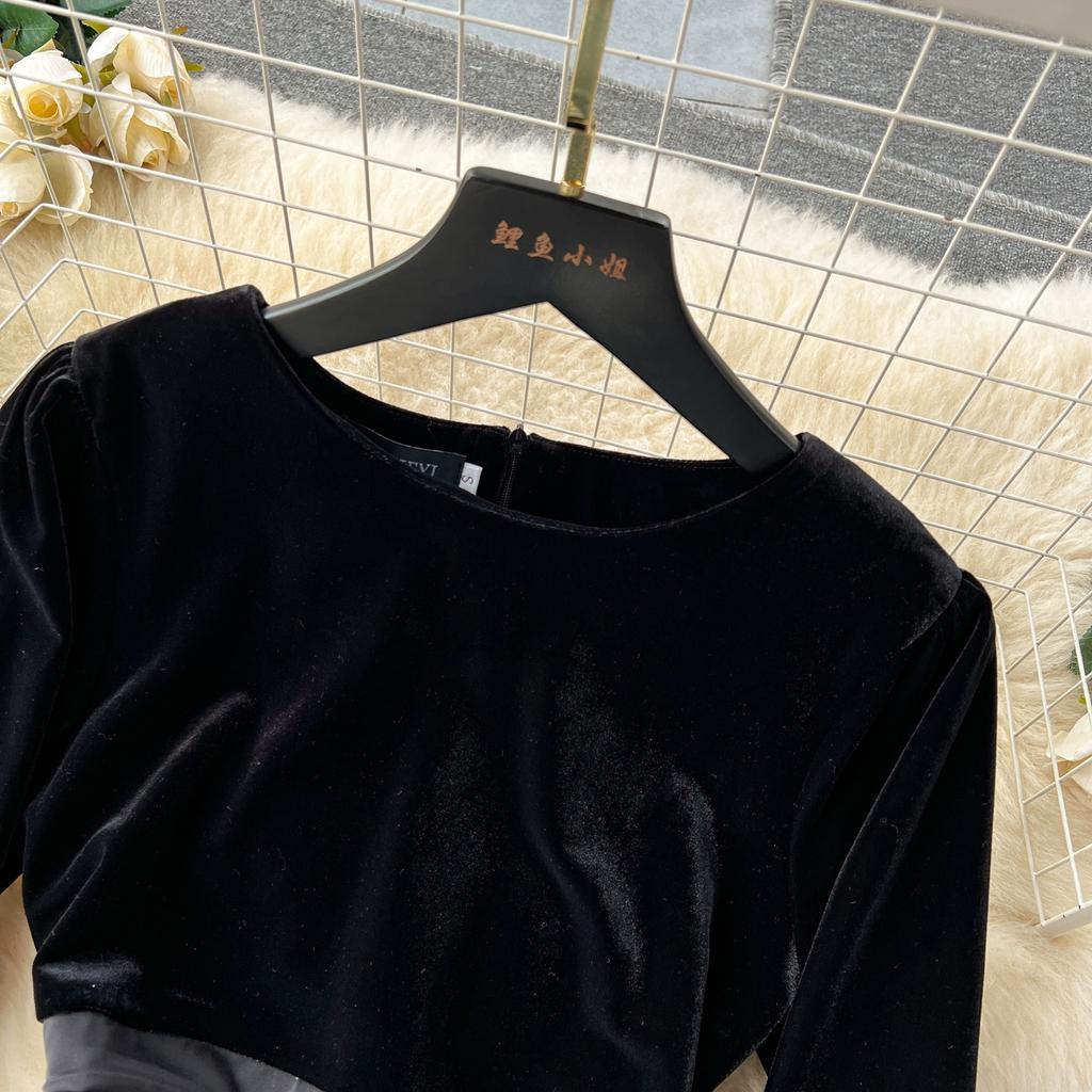 Осенние женские винтажные черные бархатные деловые наряды с длинными рукавами и оборками, топы, блузка и облегающая юбка-футляр, комплект из двух предметов для офисной работы