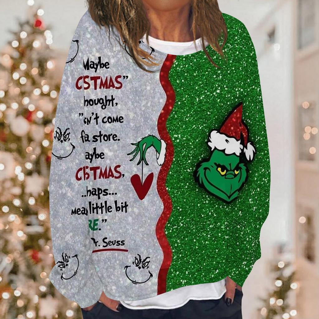 Женская повседневная модная толстовка с длинным рукавом и круглым вырезом с рождественским принтом, многослойный пуловер, топ