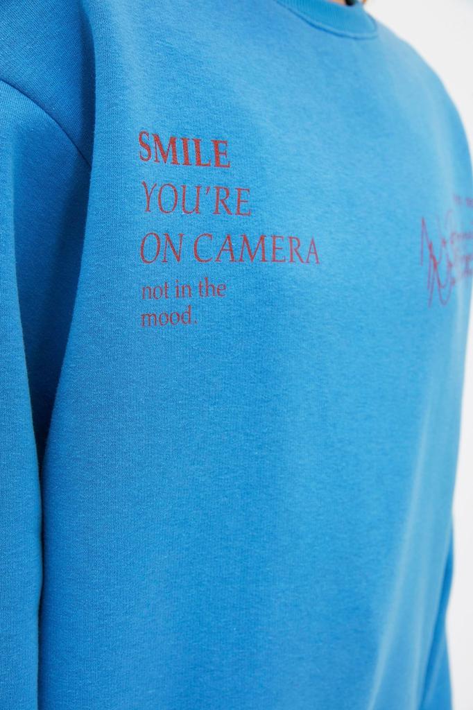 Женская модная стильная толстовка синяя с круглым вырезом, базовая посадка, толстая флисовая вязаная толстовка с принтом внутри