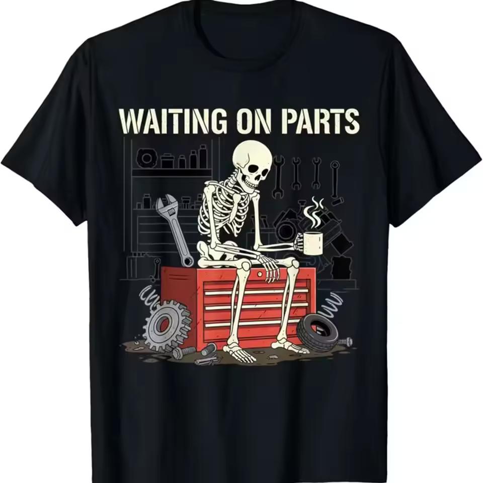 Men's Skeleton Waiting on Parts Print T-Shirt Mechanic Garage Tool Vintage Crew Neck Top
