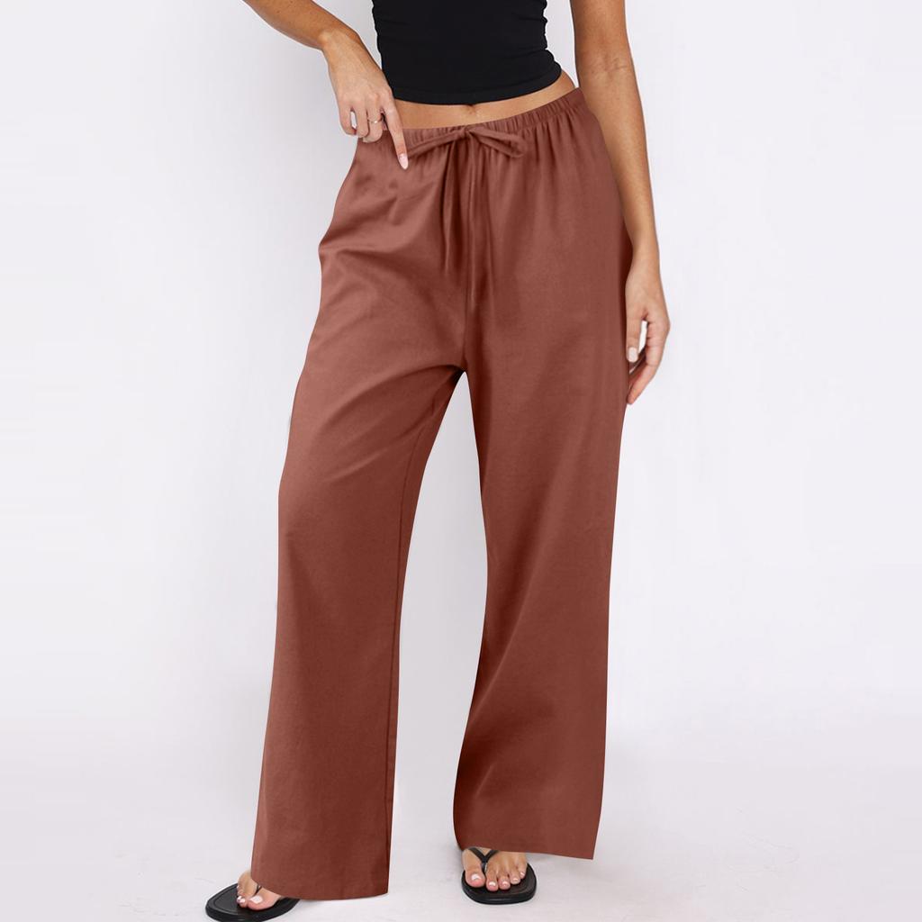 Женские повседневные летние брюки из хлопка и льна, прямые, широкие, с завязками на резинке, с карманами
