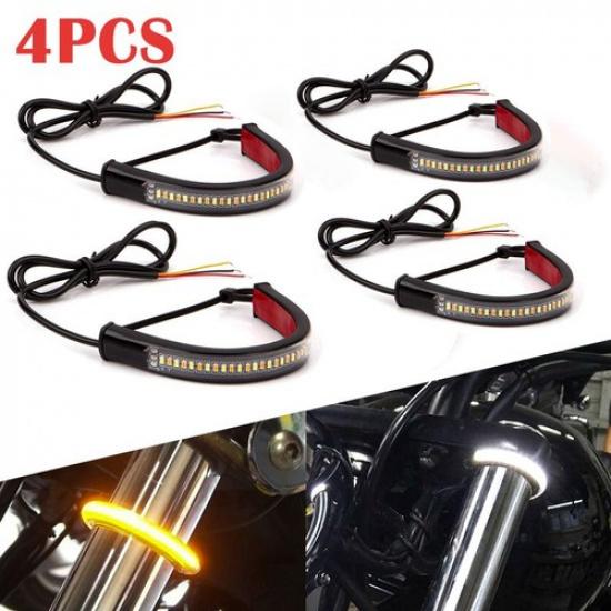 4Pcs Motorcycle LED Flexible Strip Light DRL Turn Signal White Amber Switchback