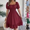 Elegant Women Spring Summer Dress Square Neck Puff Sleeve A Line Vestidos Square Neck Tie Waist Ruched Casual Solid Long Dress