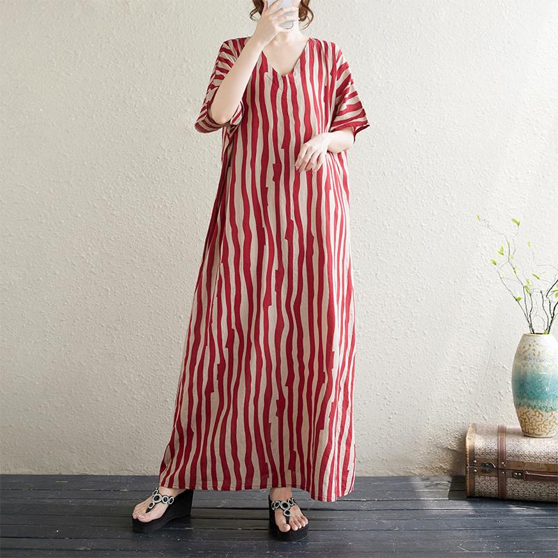 Новое хлопковое винтажное платье в полоску с коротким рукавом больших размеров для женщин, повседневное свободное длинное летнее платье