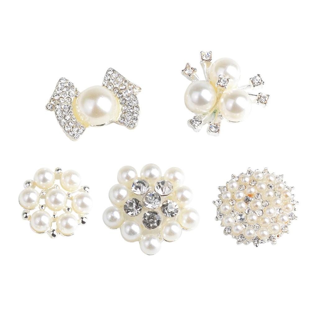 5 Pieces Rhinestone Crystal Pearl Embellishment Buttons Flatback
