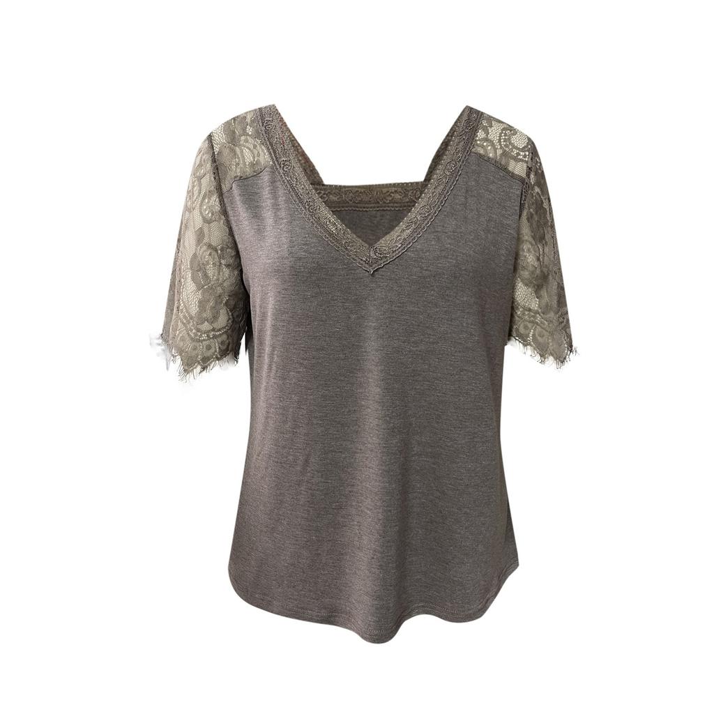 Women's Casual Loose Short Sleeve V-Neck Feather Lace Lace Sleeve Top Blouse