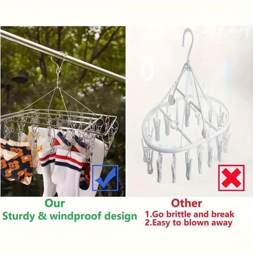 1pc Sock Drying Rack With 30 Hooks Stainless Steel Rotatable Hanger Windproof Drip Hanger Foldable Sock Hanger