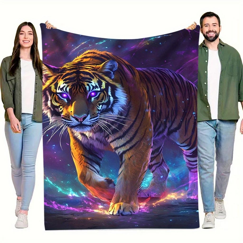 1pc Vibrant Neon Tiger Digital Printed Blanket - Soft Flannel All-Season Throw with Starry Night & Cosmic Design, Perfect for