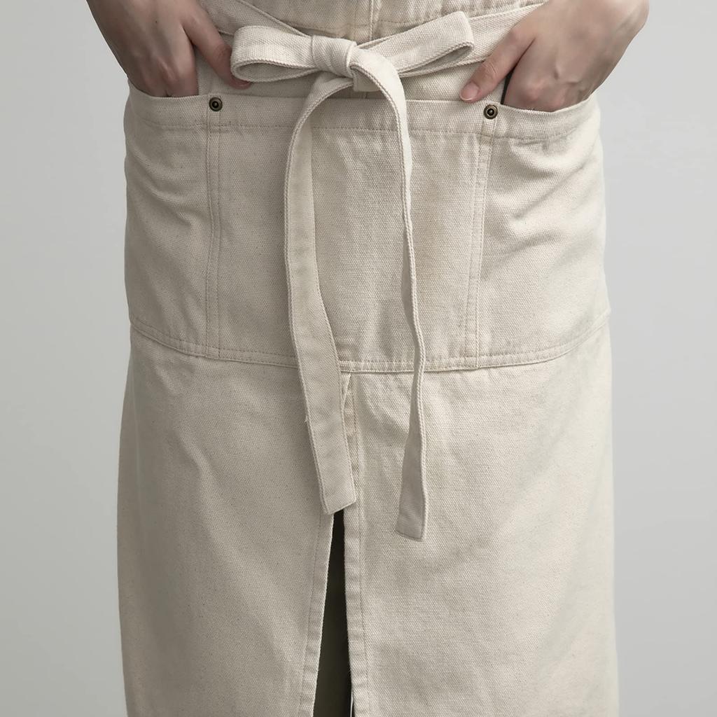 COCOWALK Фартук с разрезом длиной гарсон для мужчин и большой завязкой, бежевый, 65 см, унисекс, женский, для улицы, для рукоделия, для работы, для кафе, для садоводства, карманы, спереди, сзади,