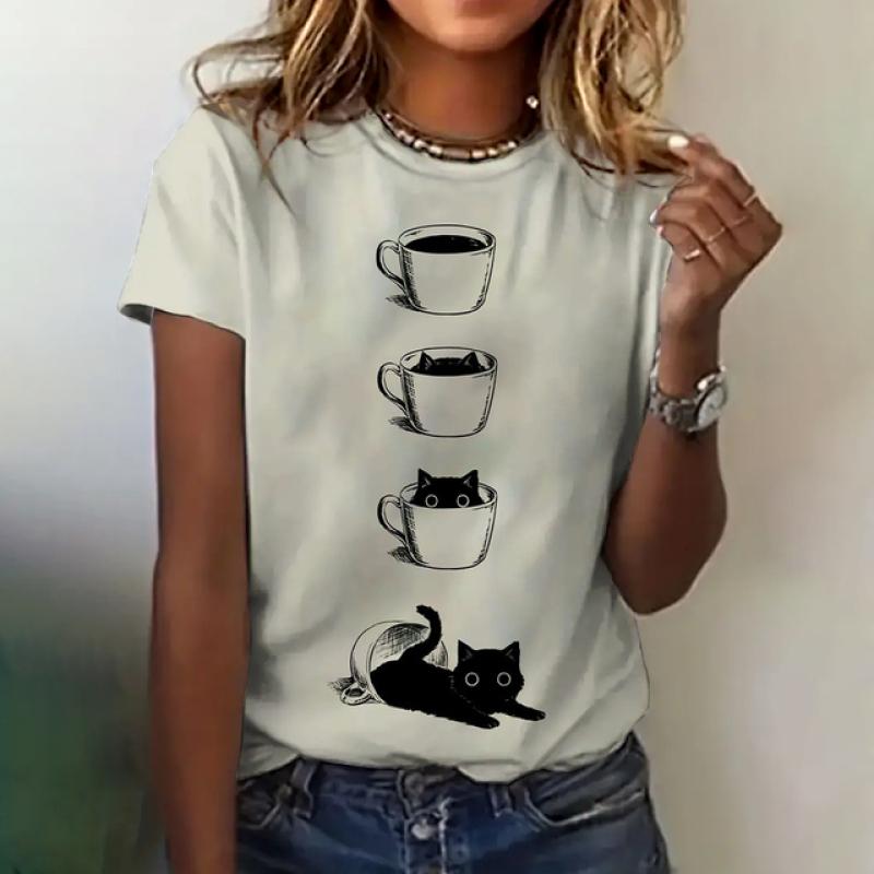 Women's T-shirt Cat Print Short Sleeve Summer Casual Wear Loose Top Fashion Round Neck Short Sleeve Women's Elegant T-shirt